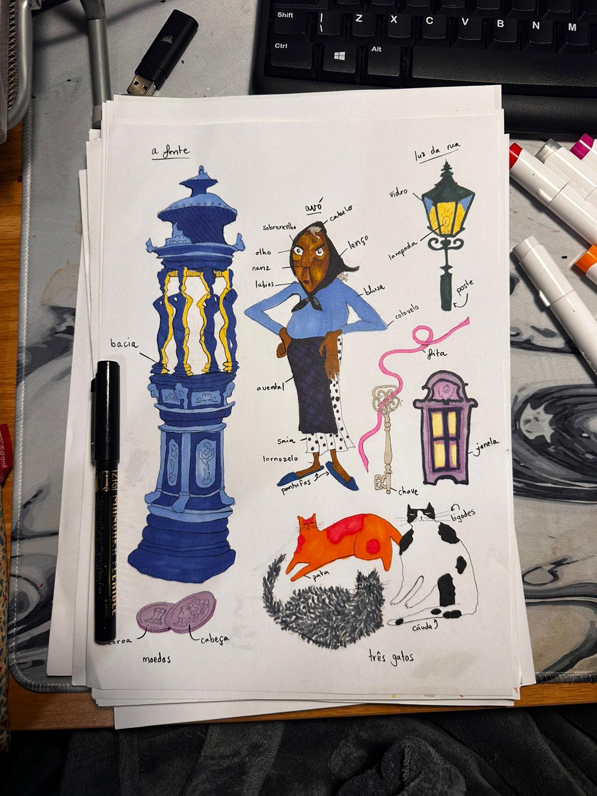 Hand-illustrated Portuguese vocabulary sheet